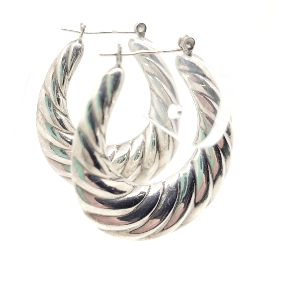 Vintage Large Puffy Wave 925 Sterling Silver Earrings Oval Hoop